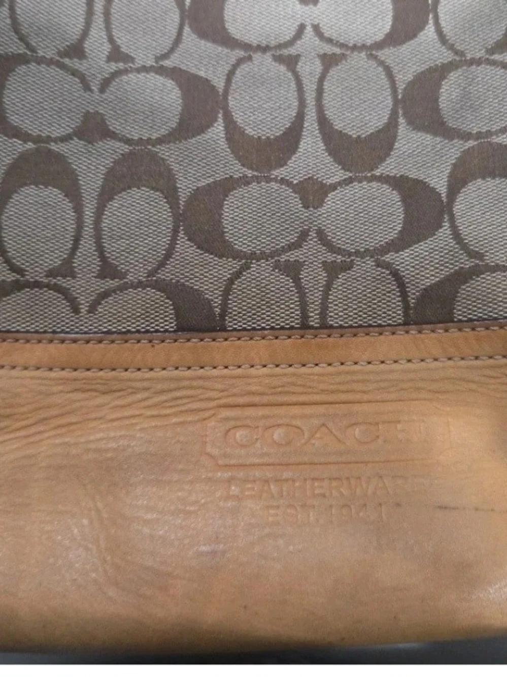 Coach Brown Signature Canvas Shoulder Bag with Tan Leather Trim